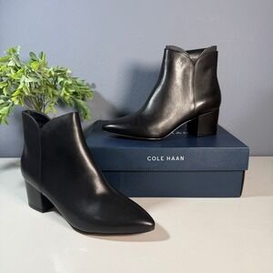 Cole Haan Elyse Bootie Black Leather 60mm Block‎ Heel Pointed Toe Size 8.5